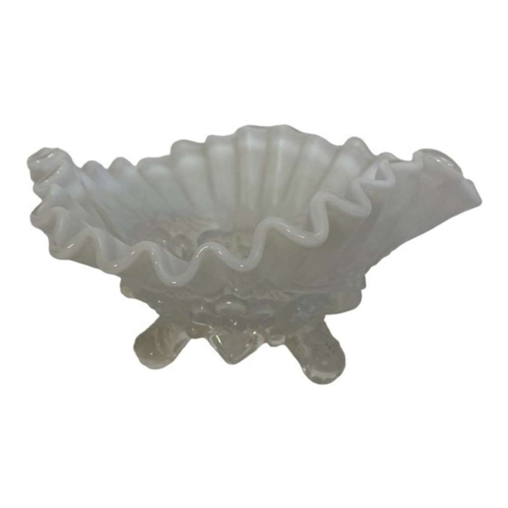 Vintage Unsigned Opalescent Ruffled Edge Candy Dish Floral Glass Blue